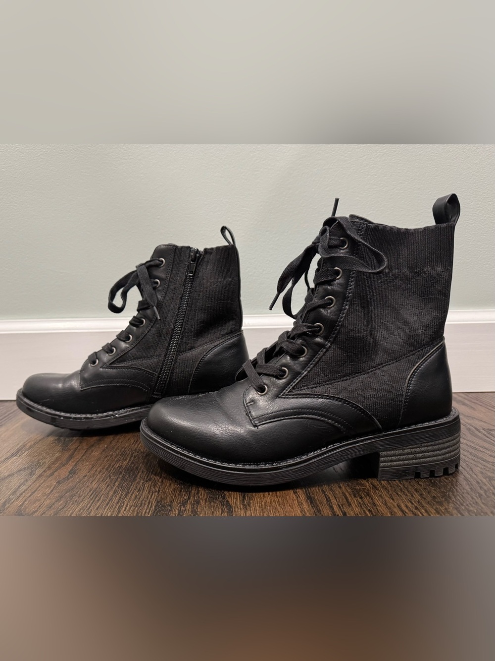Life Stride - Black Lace-Up Knit Combat Ankle Boots